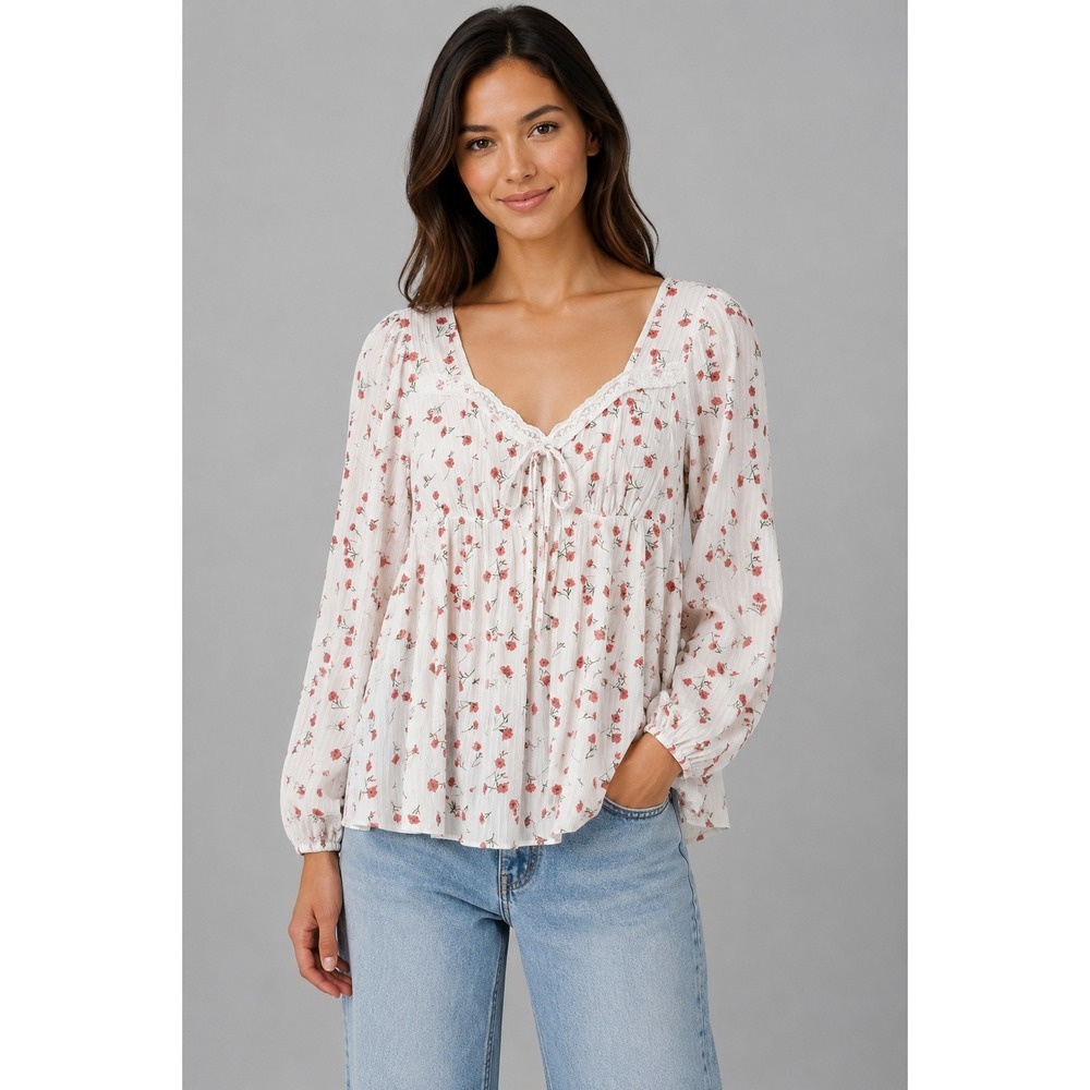 Floral Peplum Top Lace Trim Tie Front White Red 0XL Cottagecore Boho Coquette